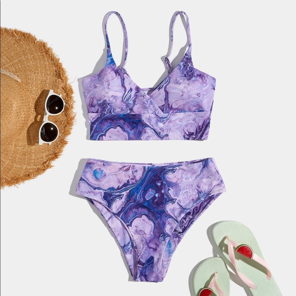 Halara- NWT Purple Marble Swim Set- Crossover Adjustable Straps Tie-Dye- SIZE M